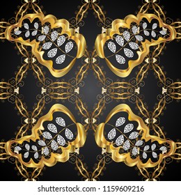 Gold Wallpaper on texture background. Gold floral ornament in baroque style. Golden element on black colors. Damask seamless repeating background.