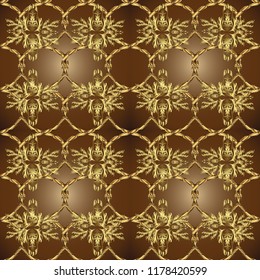 Gold Wallpaper on texture background. Damask seamless repeating background. Golden element on brown, yellow and beige colors. Gold floral ornament in baroque style.