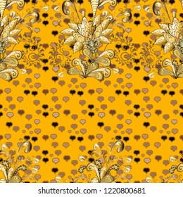 Gold Wallpaper on texture background. Damask seamless repeating background. Golden element on beige, yellow and brown colors. Gold floral ornament in baroque style.