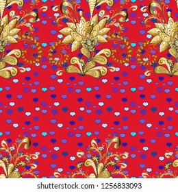 Gold Wallpaper on texture background. Damask seamless repeating background. Gold floral ornament in baroque style. Golden element on violet and red colors.