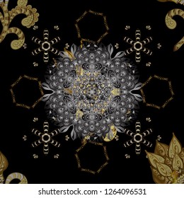 Gold Wallpaper on texture background. Damask seamless repeating background. Golden element on gray and black colors. Gold floral ornament in baroque style.