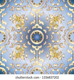 Gold Wallpaper on texture background. Gold floral ornament in baroque style. Golden element on neutral, blue and white colors. Damask seamless repeating background.