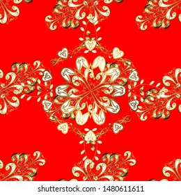Gold Wallpaper on texture background. Damask seamless repeating background. Golden element on red and beige colors. Gold floral ornament in baroque style.