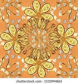Gold Wallpaper on texture background. Golden element on yellow and orange colors. Gold floral ornament in baroque style. Damask seamless repeating background.