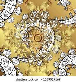 Gold Wallpaper on texture background. Gold floral ornament in baroque style. Damask seamless repeating background. Golden element on white and yellow colors.