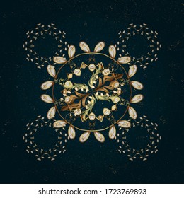 Papel tapiz dorado sobre fondo de textura. Elementos dorados de colores azul y marrón. El adorno floral de oro en estilo barroco. Color de repetición sin fisuras del Damasco.