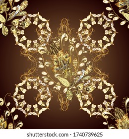 Fondo de escritorio de oro sobre fondo de textura. Color del fondo de repetición sin inconvenientes de Damask. Elementos dorados en tonos beige y marrón. Ornamento dorado floral de estilo barroco.
