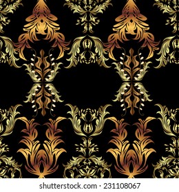 Gold Wallpaper on texture background. Damask seamless repeating background. Gold floral ornament in baroque style. Golden element on black, brown and neutral colors.