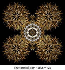 Gold Wallpaper on texture background. Golden element on black background. Damask repeating background. Gold black floral ornament in baroque style.