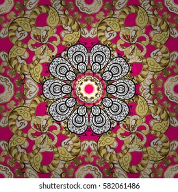 Gold Wallpaper on texture background. Golden element on magenta background. Damask seamless pattern repeating background. Gold magenta floral ornament in baroque style.