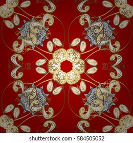 Gold Wallpaper on texture background. Damask seamless pattern repeating background. Gold red floral ornament in baroque style. Golden element on red background.