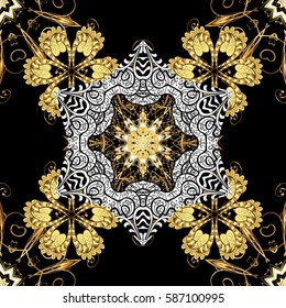 Gold Wallpaper on texture background. Gold black floral ornament in baroque style. Golden element on black background. Damask seamless pattern repeating background.