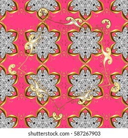 Gold Wallpaper on texture background. Damask seamless pattern repeating background. Gold pink floral ornament in baroque style. Golden element on pink background.