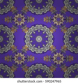Gold Wallpaper on texture background. Golden element on violet background. Damask seamless pattern repeating background. Gold violet floral ornament in baroque style.