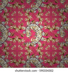 Gold Wallpaper on texture background. Gold pink floral ornament in baroque style. Golden element on pink background. Damask seamless pattern repeating background.