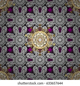 Gold Wallpaper on texture background. Golden element on magenta background. Damask seamless pattern repeating background. Gold magenta floral ornament in baroque style.