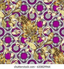 Gold Wallpaper on texture background. Gold magenta floral ornament in baroque style. Golden element on magenta background. Damask seamless pattern repeating background.