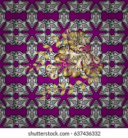 Gold Wallpaper on texture background. Gold magenta floral ornament in baroque style. Golden element on magenta background. Damask seamless pattern repeating background.