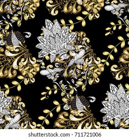 Gold Wallpaper on texture background. Damask seamless pattern repeating background. Gold black floral ornament in baroque style. Golden element on black background.