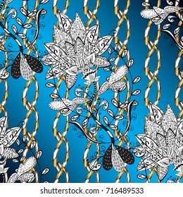 Gold Wallpaper on texture background. Gold blue, white and black floral ornament in baroque style. Golden element on blue, white and black colors. Damask ornamental pattern repeating background.