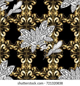 Gold Wallpaper on texture background. Golden element on black, white and brown colors. Damask seamless pattern repeating background. Gold black, white and brown floral ornament in baroque style.
