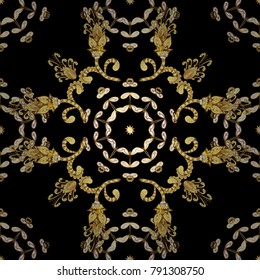 Gold Wallpaper on texture background. Golden element on black colors. Damask seamless repeating background. Gold floral ornament in baroque style.