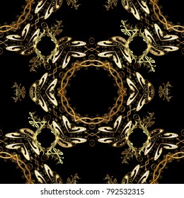 Gold Wallpaper on texture background. Damask seamless repeating background. Gold floral ornament in baroque style. Golden element on black colors.