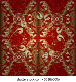 Gold Wallpaper on texture background.Damask pattern repeating background. Gold red floral ornament in baroque style. Golden element on red background.