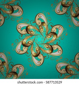 Gold Wallpaper on texture background.Damask pattern repeating background. Gold blue floral ornament in baroque style. Golden element on blue background.