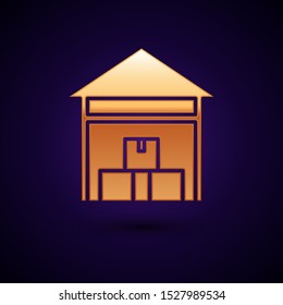 Gold Warehouse icon isolated on dark blue background.  Vector Illustration