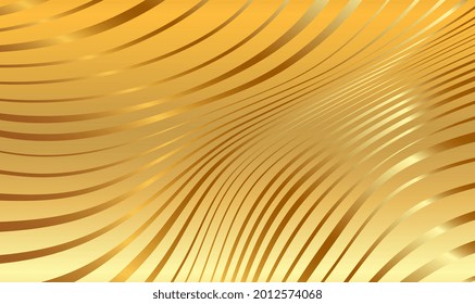 Gold warped stripes background. Golden wave. Curvy gold shape. Abstract luxury background. Minimalist geometric cover design. Luxurious backdrop. Vector illustration warped stripes 3D. Vector EPS10