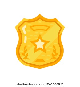 Gold warrant, police badge, sheriff star. oncept of order, observance of law, protection and justice, fight against criminal activity. Badge of policeman to apprehend offender. Vector illustration.