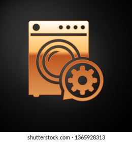 Gold Washer and gear icon isolated on black background. Adjusting app, service concept, setting options, maintenance, repair, fixing. Vector Illustration