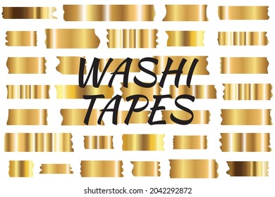 Gold washi tape strips or washy tape silhouettes. Golden decorative adhesive strips for Christmas, glittering, yellow luxury foil masking tape icons isolated on white background