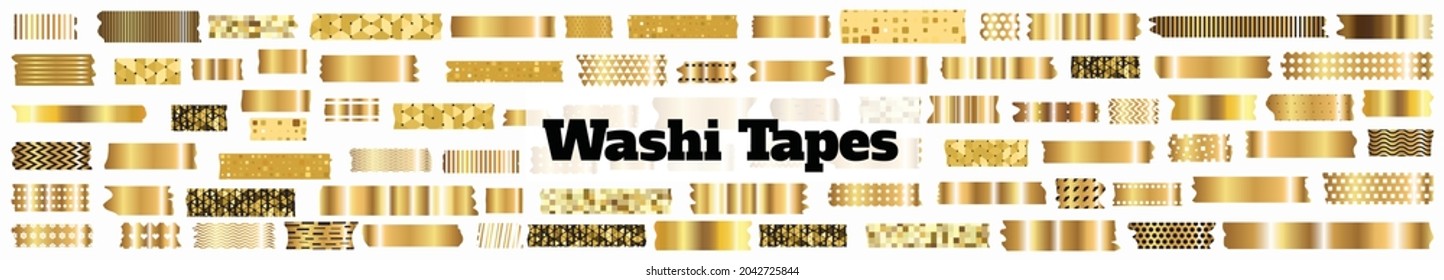 Gold washi tape strips or washy tape silhouettes. Golden decorative adhesive strips for Christmas, glittering, yellow luxury foil masking tape icons isolated on white background