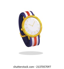 Gold watch with 3 color strap, fashion accesories cartoon illustration vector