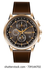 Gold watch chronograph brown leather strap on white background vector illustration.