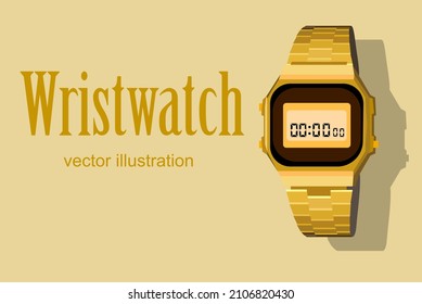 Gold watch icon with a rectangular dial. The inscription on the right is "Wristwatch". Men's Watch. Vector flat illustration. For logos and banners.