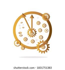 Gold watch made of gears. Badge for the design of an online store, poster, banner, postcard, website. Vector image in a flat style.

