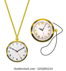 Gold watch on a chain and string. Roman numerals, arabic numerals. 3D realistic vector illustration isolated on white background.