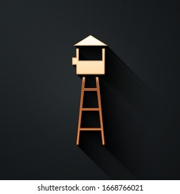 Gold Watch tower icon isolated on black background. Prison tower, checkpoint, protection territory, state border, military base. Long shadow style. Vector Illustration