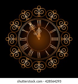 Gold watches elegant vintage pattern forged a happy new year glitter glow on a black background vector