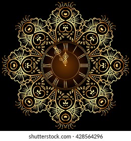 Gold watches elegant vintage pattern forged a happy new year glitter glow on a black background vector