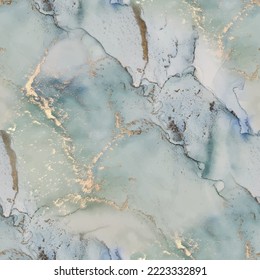 Gold Water Color Marble. Luxury Alcohol Ink Marble. Green Art Paint. Light Seamless Glitter. Blue Marble Watercolor. Foil Gradient Background. Metal Alcohol Ink Background. Vector Seamless Template.