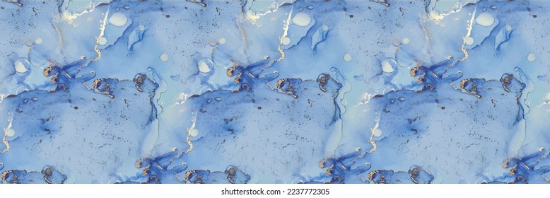 Gold Water Color Marble. Vector Seamless Painting. Luxury Vector Ink Marble. Blue Ink Paint. Light Elegant Texture. Copper Alcohol Ink Watercolor. Foil Marble Background. Blue Seamless Watercolor.