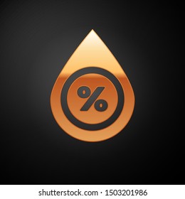Gold Water drop percentage icon isolated on black background. Humidity analysis.  Vector Illustration
