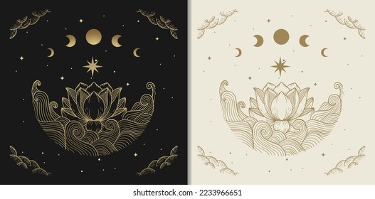 Gold water lily engraving with star ornament and moon phases