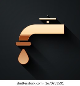 Gold Water tap with a falling water drop icon isolated on black background. Long shadow style. Vector Illustration