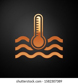 Gold Water thermometer measuring heat and cold icon isolated on black background. Thermometer equipment showing hot or cold weather.  Vector Illustration