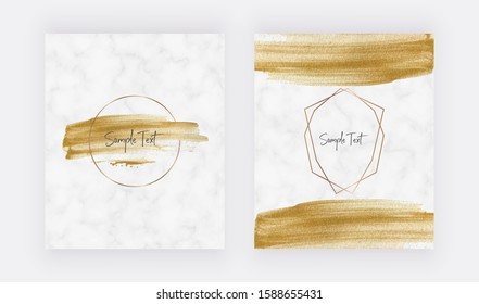 Gold watercolor brush stroke cards with golden polygonal lines frames. Trendy marble templates for wedding invitation, banner, flyer, poster, greeting.

